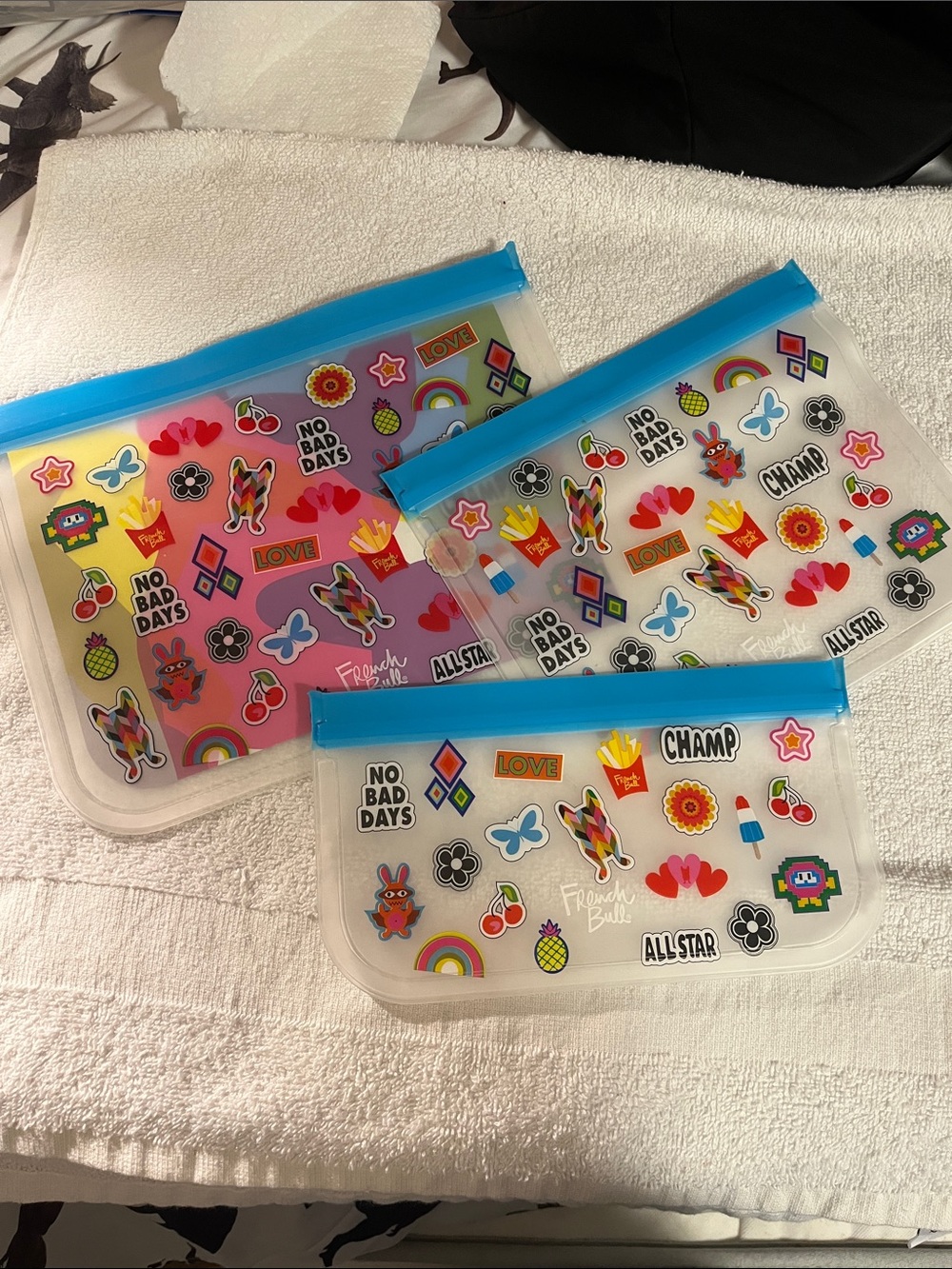 Kids Snack Bag - Blue Trim with Colorful Sticker Print